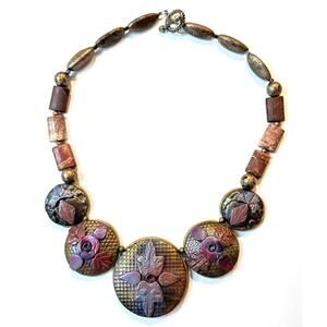 Handmade Polymer Clay Artisan Made Necklace Plum Bronze Gold 20.5” OOAK Horvath